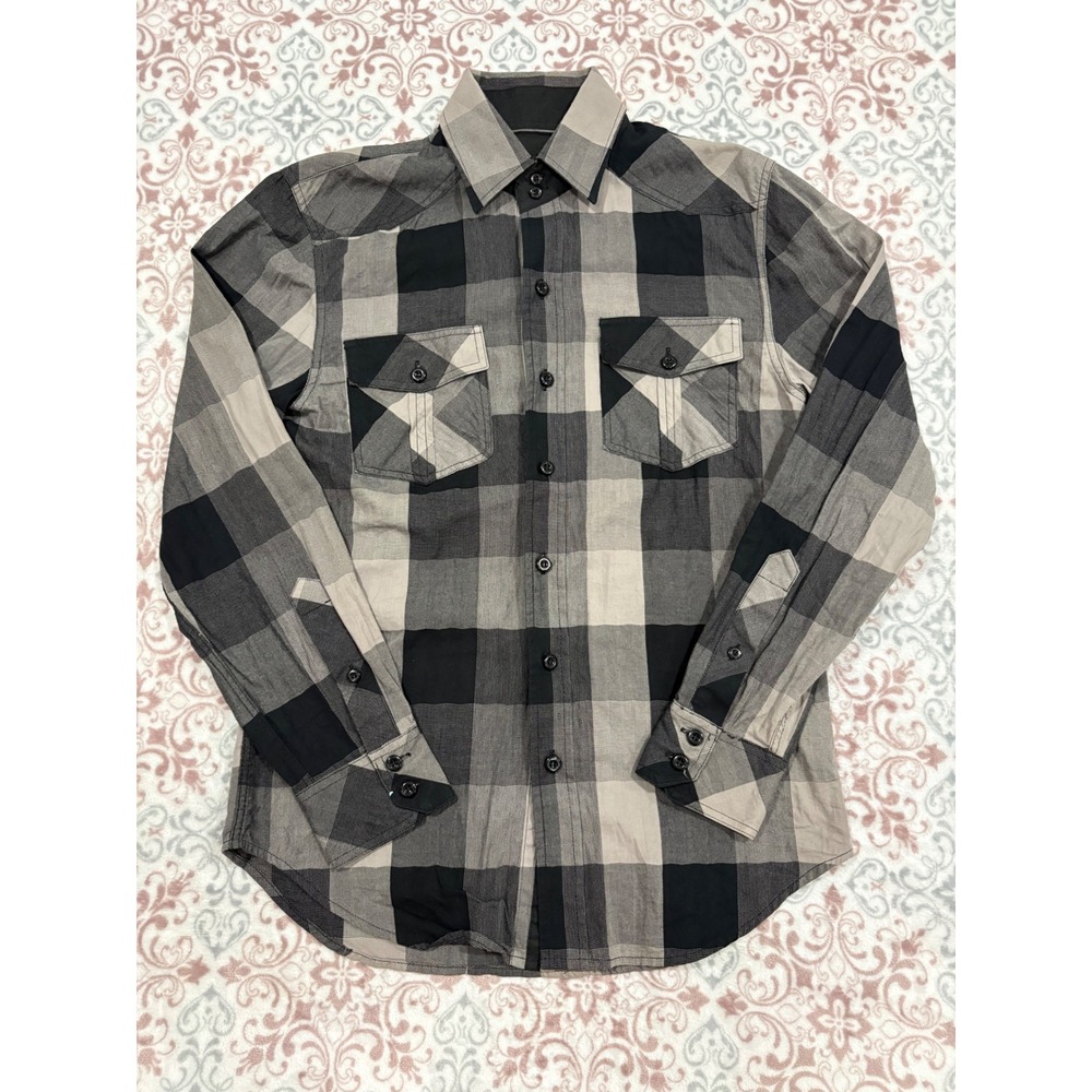 Knockout Jeans Mens Small Black Grey Buffalo Plaid Western Button Down Shirt